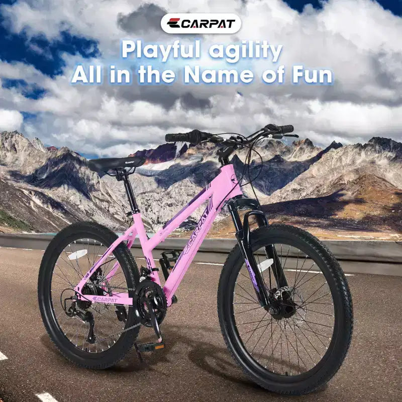 Okak 24/26 Zoll Mountainbike mit 21 Gängen und doppelten Scheibenbremsen, Kinderfahrrad mit 100mm Federgabel, Dirt Bike für Teenager und Frauen