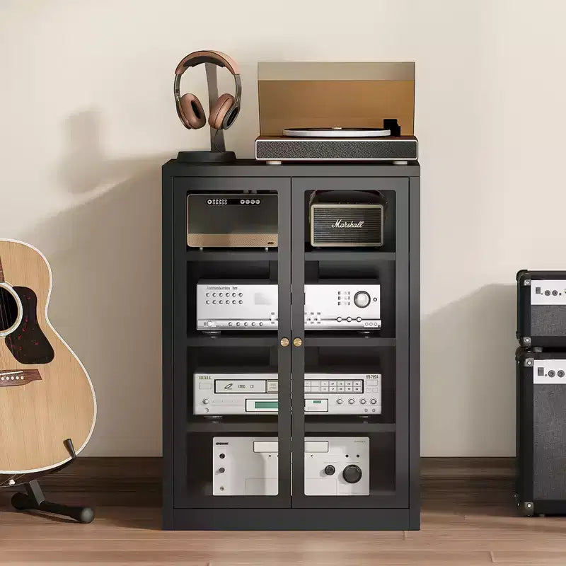 Bekrvio Metall-Mediaschrank, 4-stöckiger Stereoschrank mit Glastüren und verstellbaren Einlegeböden, Audio-AV-Rack mit Kabelmanagement