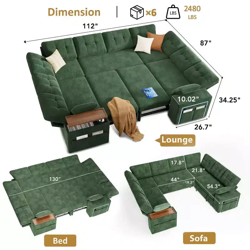 Dyonery 112 Modulares Schlafsofa mit Ausziehfunktion, U-förmiges Schnittsofa mit Stauraum, extra breite und tiefe Sitzflächen für das Wohnzimmer