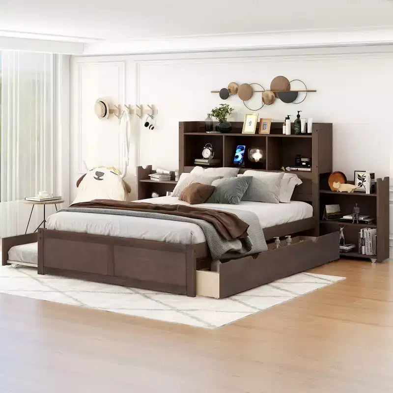 Plattformbett in voller Größe mit Stauraum, Ausziehbett, Kopfteil mit Bücherregal und Ladestation, Bettgestell aus Holz in voller Größe mit Regalen und Schubladen