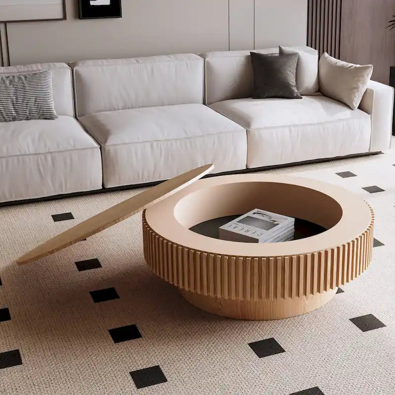 Moderner runder Couch-/Teetisch aus massivholzfurniertem Holz mit Stauraum