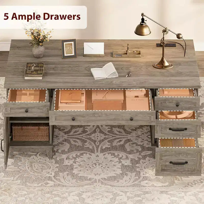 60 Executive Schreibtisch mit Schubladen, Home Office Schreibtisch mit Ladestation, Computer-Schreibtisch aus Holz für Arbeitszimmer, Konferenztisch für Wohnzimmer