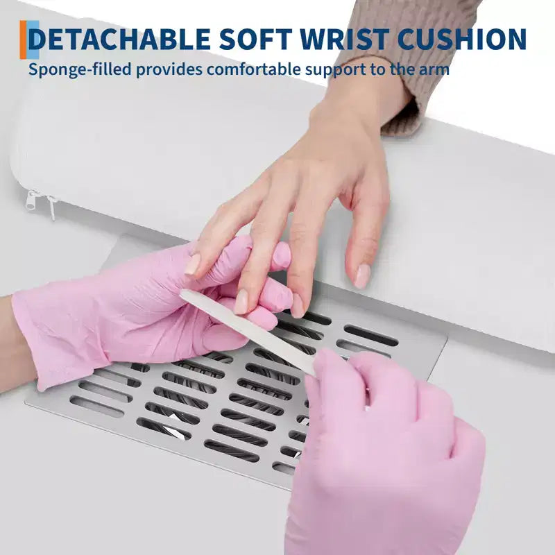 42'' Manikürtisch für Nageldesigner mit Staubabsaugung und Handauflage, Nageltisch mit vertikalem Ausziehschrank, 1 Aufbewahrungsschrank, 2 Schubladen