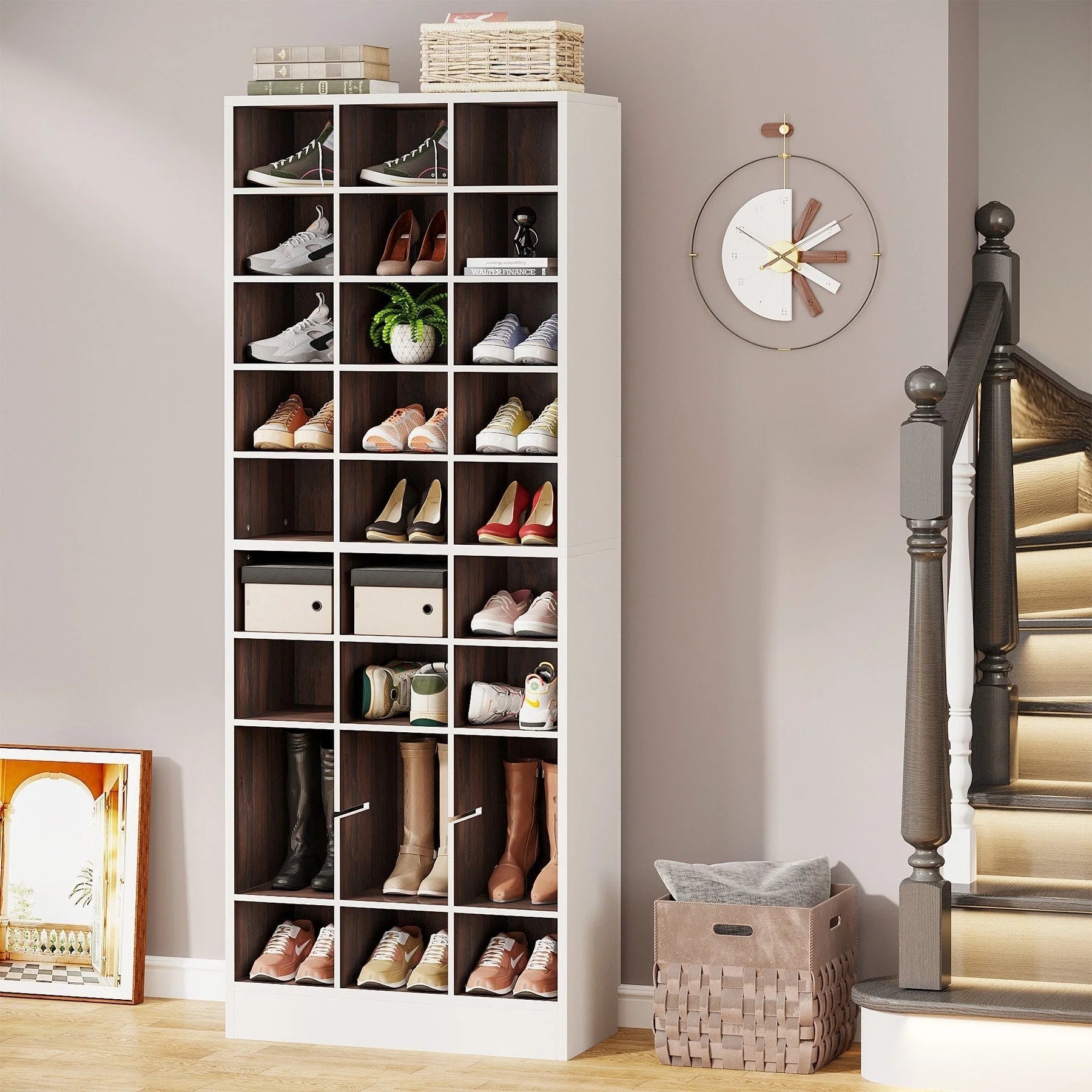 Schuhschrank für 30 Paar Schuhe, 10-stöckiges weißes Holzschuhregal für Schrank, Diele – 10 Etagen