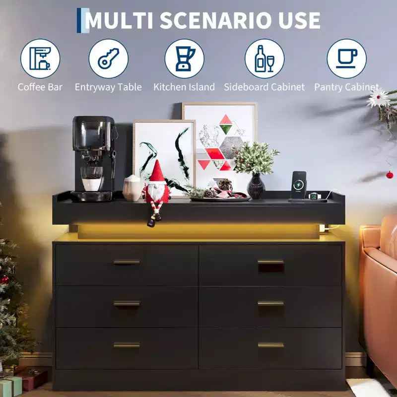 Moderner TV-Schrank mit 6 Schubladen & LED-Beleuchtung, schwebende Arbeitsplatte als Kaffeebar für Wohnzimmer Entertainment Center
