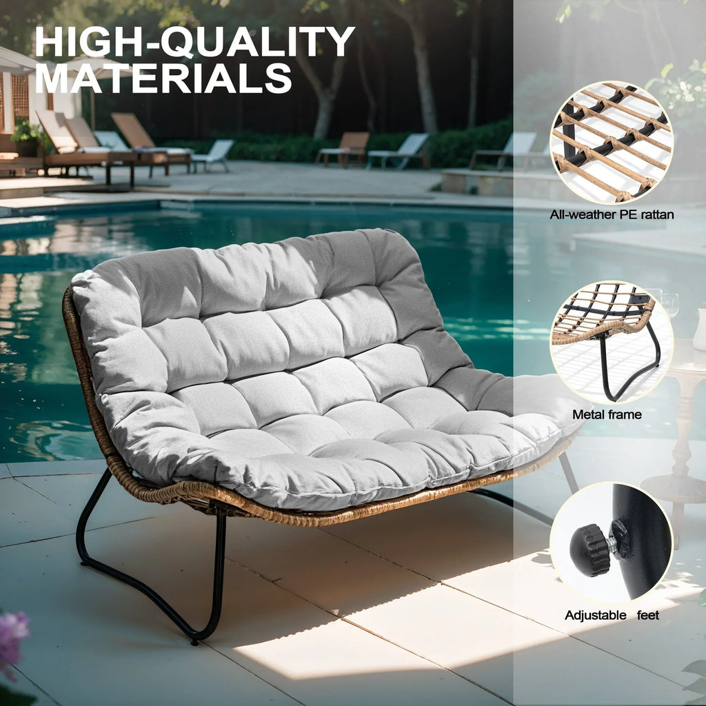 Doppelsessel Papasan mit Kissen, wetterfestes PE-Rattan und Metallrahmen für Innen- und Außenbereich