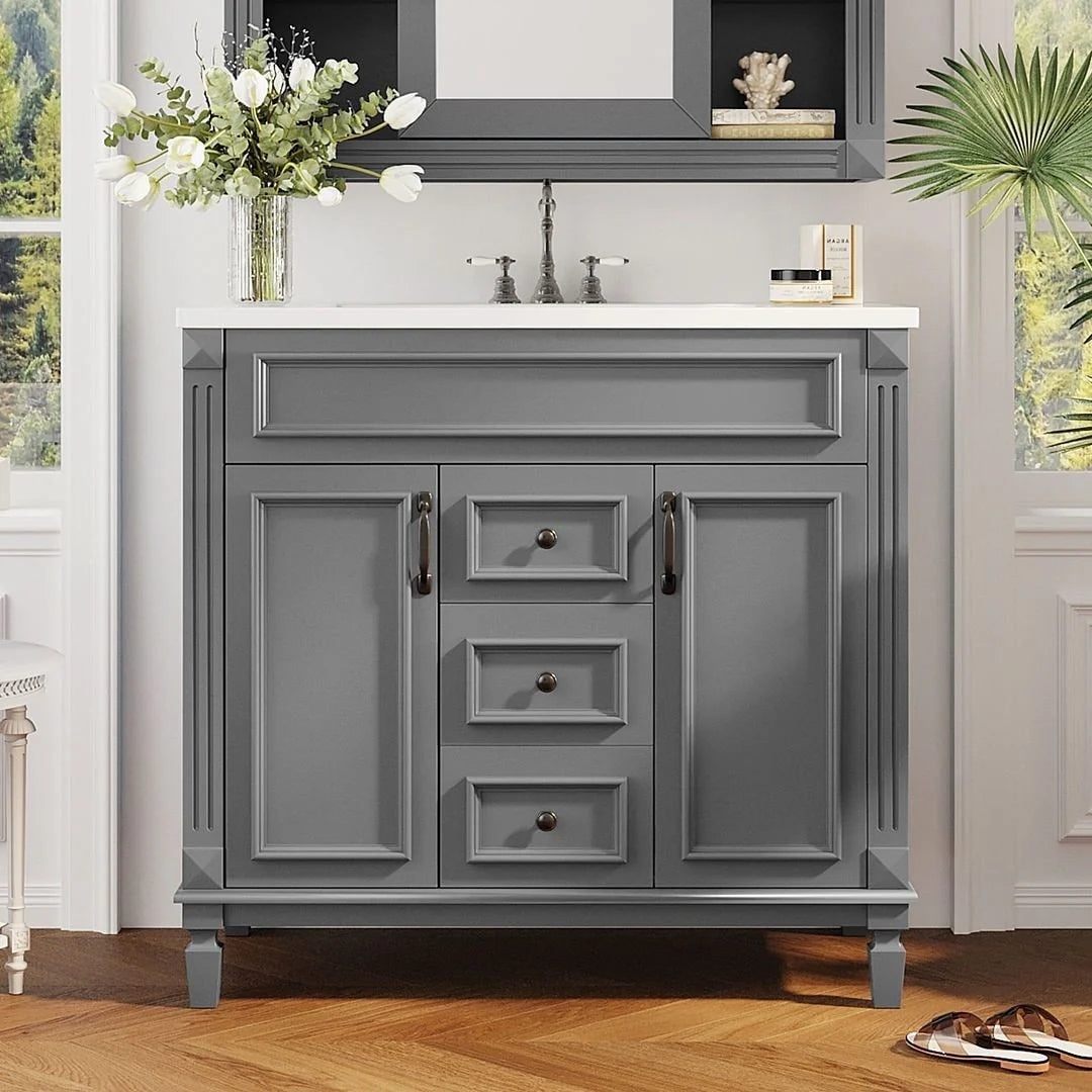Moderner 36'' Badschrank mit Aufsatzwaschbecken und Spiegelschrank, 2 Türen und 2 Schubladen