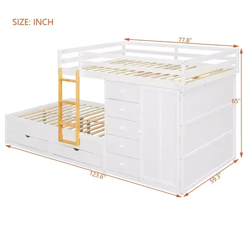 Etagenbett „Full-over-Full“ mit Kleiderschrank und Schubladen, platzsparendes Etagenbett aus Holz in voller Größe mit Rausfallschutz für Apartment, Schlafzimmer