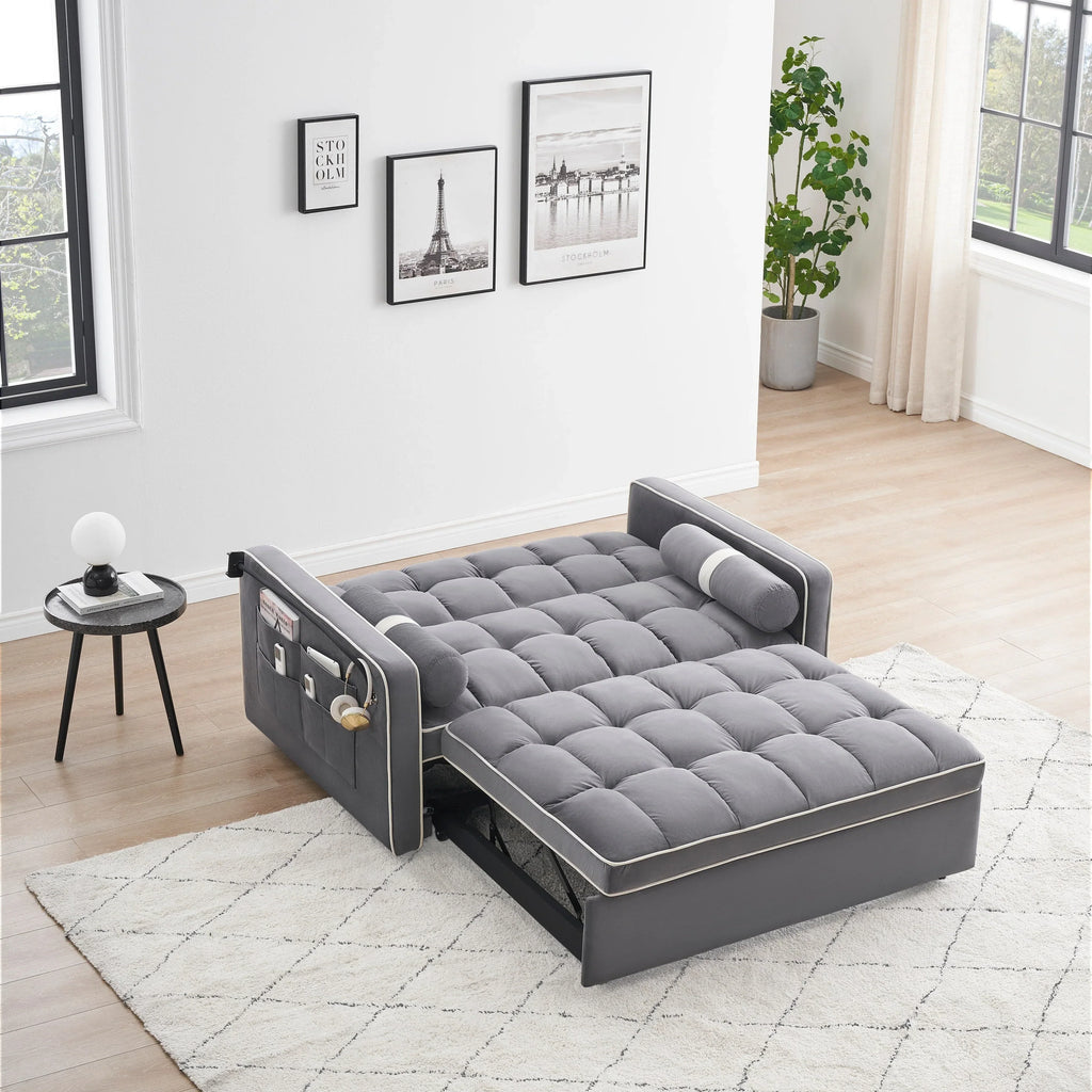 Samt-Schlafsofa zum Umbauen, 140 cm, 2-Sitzer, mit Ausziehbett, verstellbarer Rückenlehne, Seitentaschen und Handyhalterung