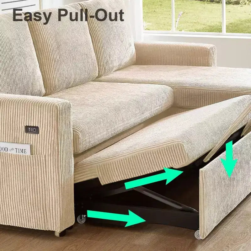 Dyonery 2-in-1 Schlafsofa ausziehbar mit Stauraum-Recamiere, Cord-Ecksofa mit USB-Anschlüssen für das Wohnzimmer