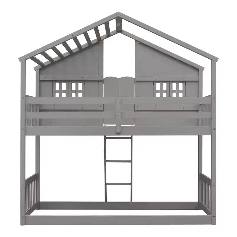 Doppel-Loftbett in Hausform, Holzspielhaus-Loftbett mit Leiter und Schutzgittern für Kinder