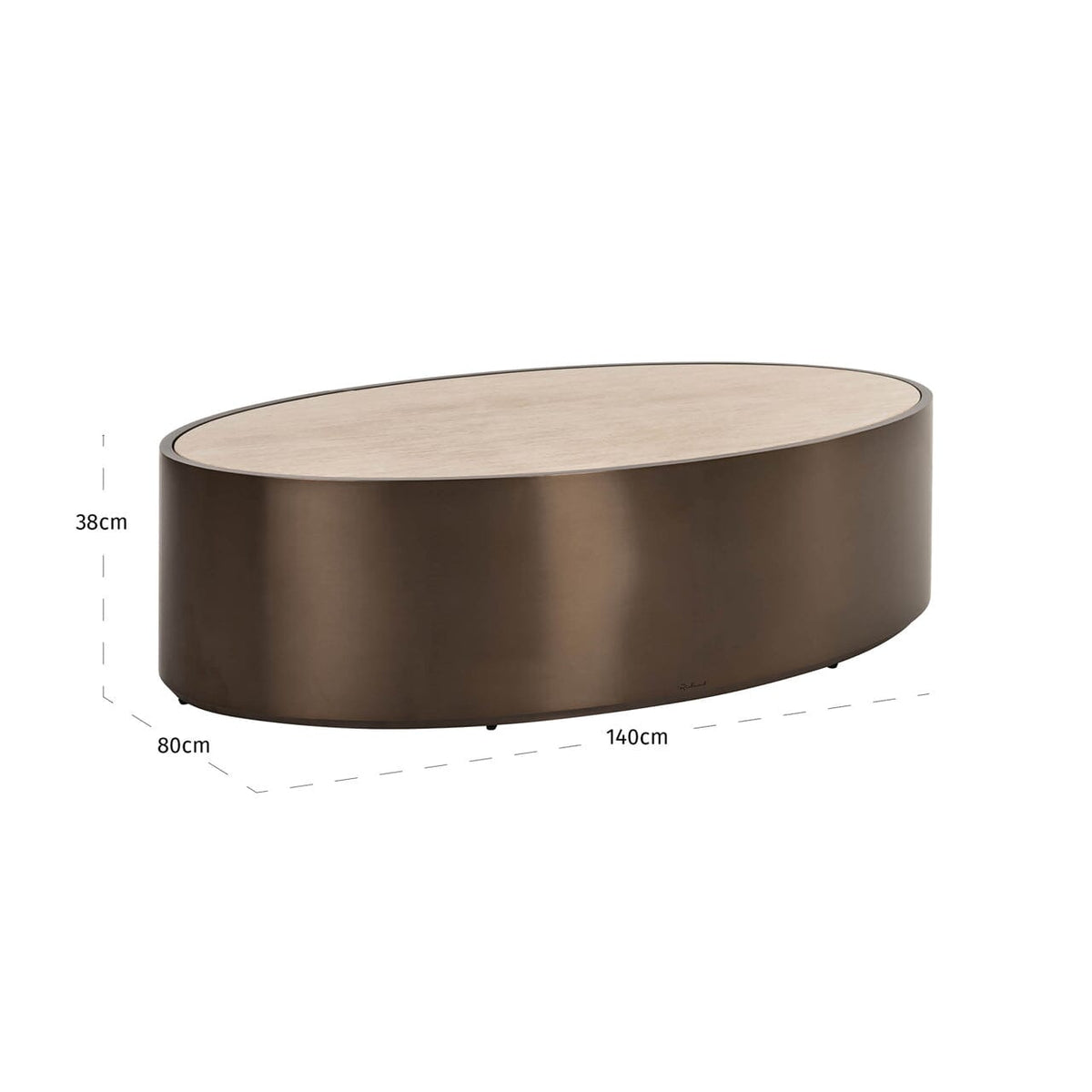 Ovaler Couchtisch aus Bronze mit beiger Kunstmarmorplatte