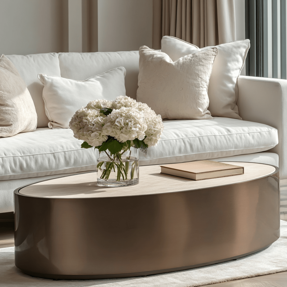 Ovaler Couchtisch aus Bronze mit beiger Kunstmarmorplatte