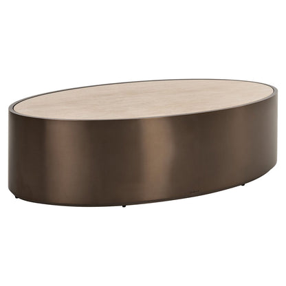 Ovaler Couchtisch aus Bronze mit beiger Kunstmarmorplatte