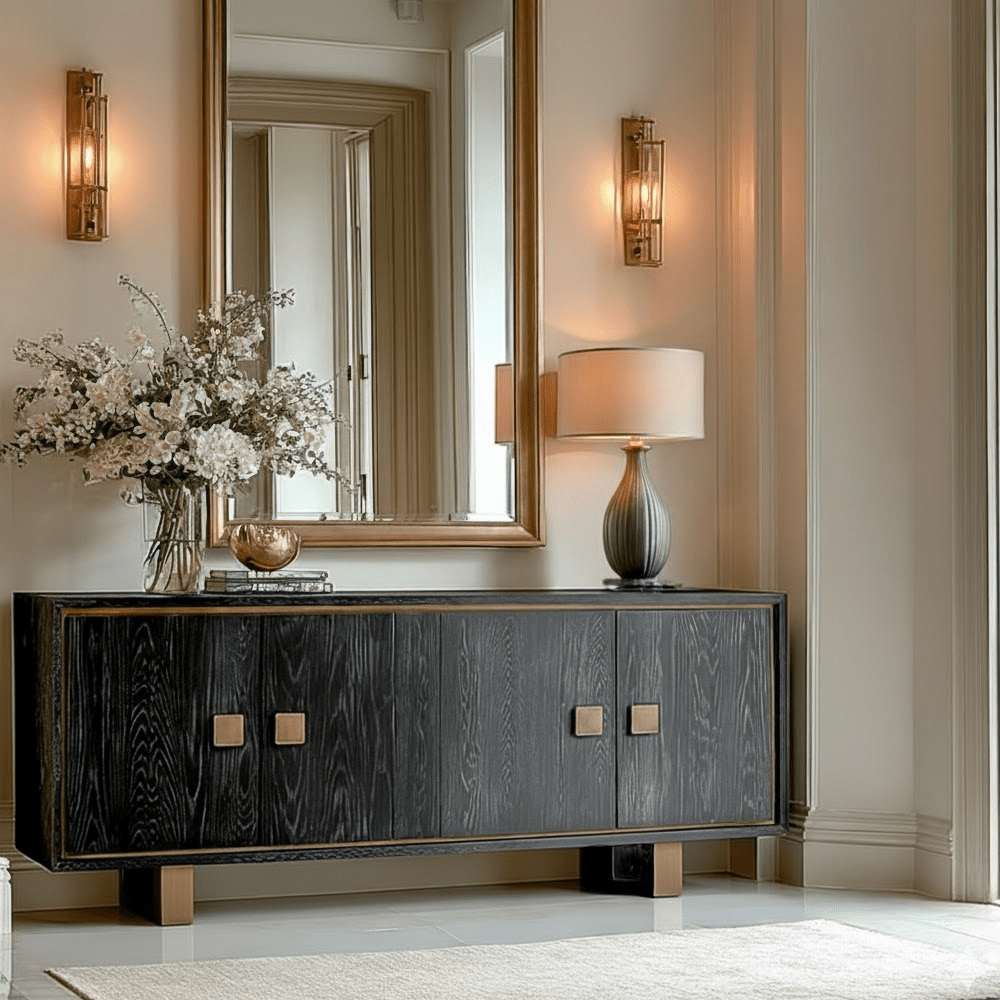 Schwarzes Sideboard mit Messinggriffen