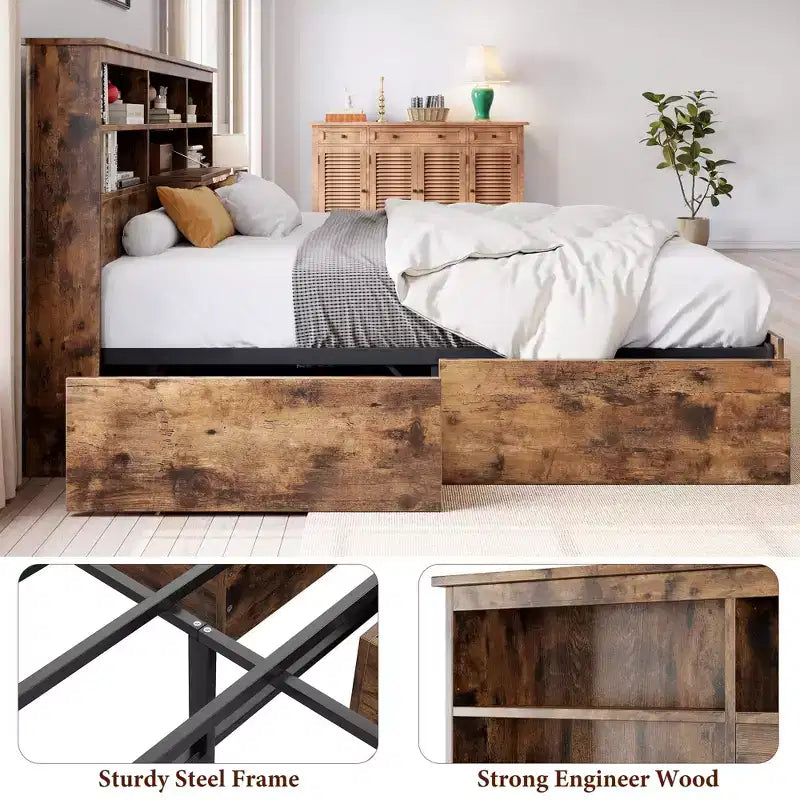 Doppelbettgestell mit Stauraum-Kopfteil, Holzbettrahmen mit 4 Schubladen, Stauraum-Bücherregal & King-Size-Plattformbett mit starker Metallunterstützung