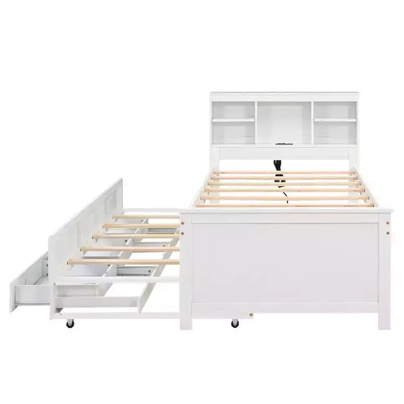 Plattformbett mit Rollbett und Schubladen, Stauraumbett mit USB-Anschluss, Holzbett mit Bücherregal