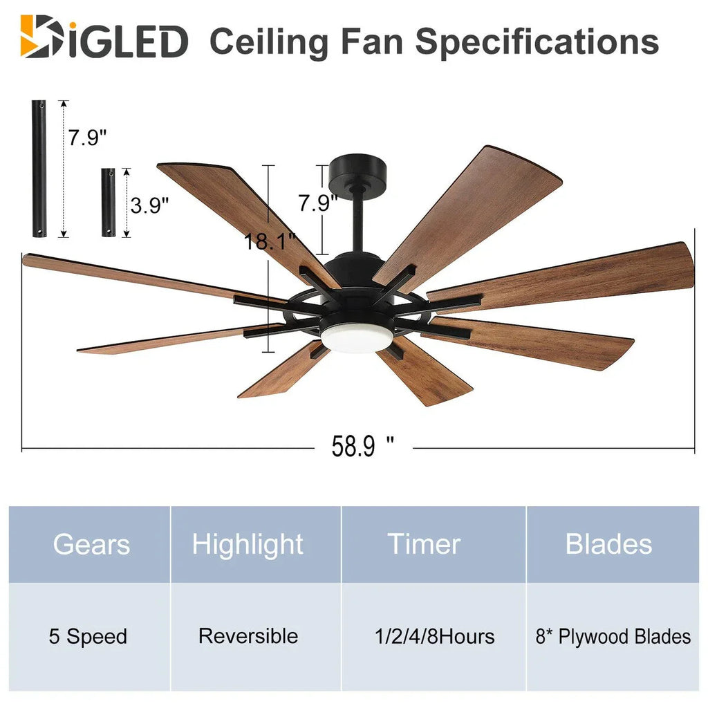 Deckenventilator mit Beleuchtung, Fernbedienung, groß, 8 Holzflügel