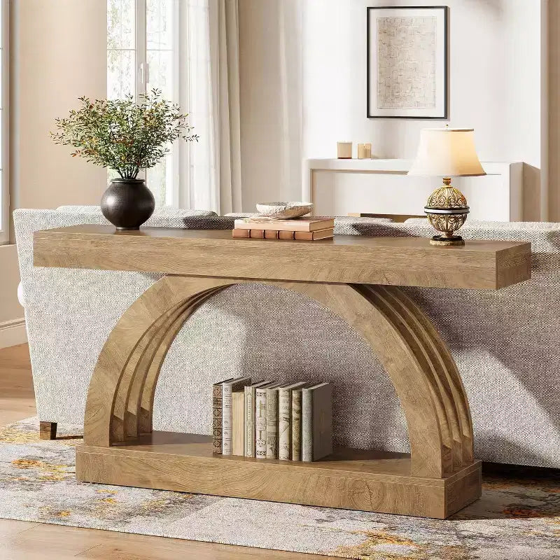 Lantine 63 Zoll Konsolentisch, 2-stöckiger Sofatisch für hinter das Sofa, schmaler einzigartiger Konsolentisch im Landhausstil mit Bogen für Flur, Wohnzimmer, Eingangsbereich, Natur