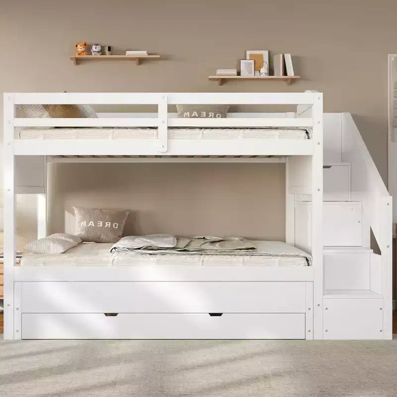 Whisen Twin XL Etagenbett mit Ausziehbett, Etagenbett mit Stauraum, Etagenbett aus Massivholz, Treppe mit Stauraum, Kleiderschrank, 3 Schubladen, für Kinder