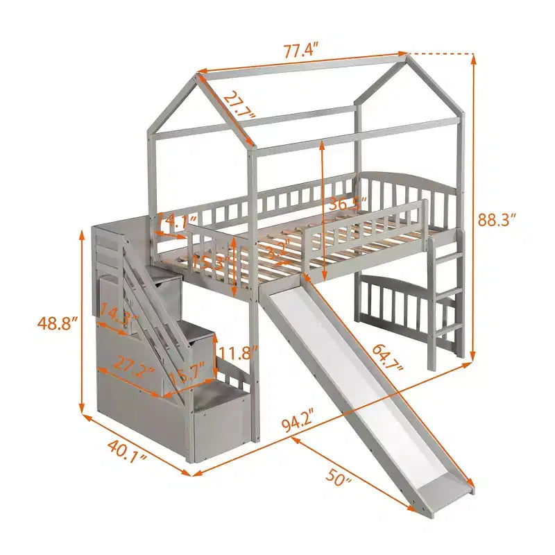 Doppelhaus-Hochbett mit Rutsche und Treppe, Hochbett mit Aufbewahrungsschubladen, Holzhaus-Hochbett für Kinder und Kleinkinder