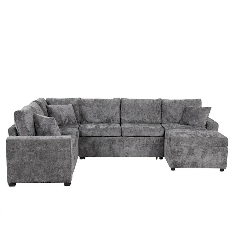 Chenille Ecksofa mit Ausziehfunktion, L-förmiges Schlafsofa mit Stauraum-Ottomane, 3 Kissen und Ladevorrichtungen
