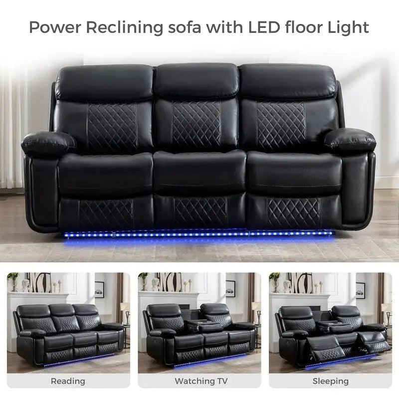 Elektrisches Liegesofa mit kabelloser Ladestation, Leselampe, LED-Beleuchtung für Wohnzimmer, Kunstleder, AC-/USB-Anschluss, Getränkehalter, Schwarz