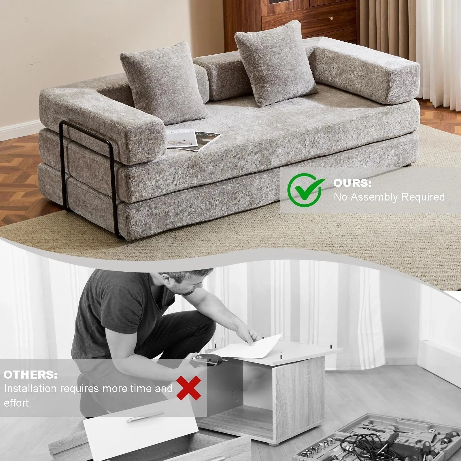 Umwandelbares Bodenschlafsofa mit Rückenkissen, Chenille-Gewebe für Wohnzimmer Schlafzimmer