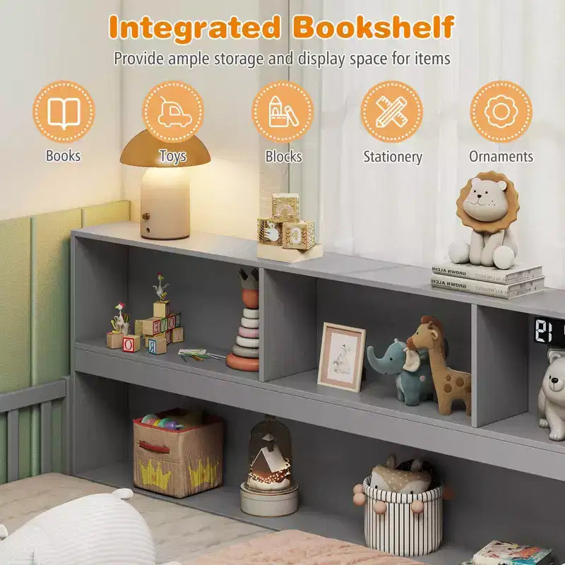 Montessori-Bodenbett für Einzel-/Doppelbetten mit Bücherregal, Ablagefächern und Sicherheitsgeländer, Weiß/Grau