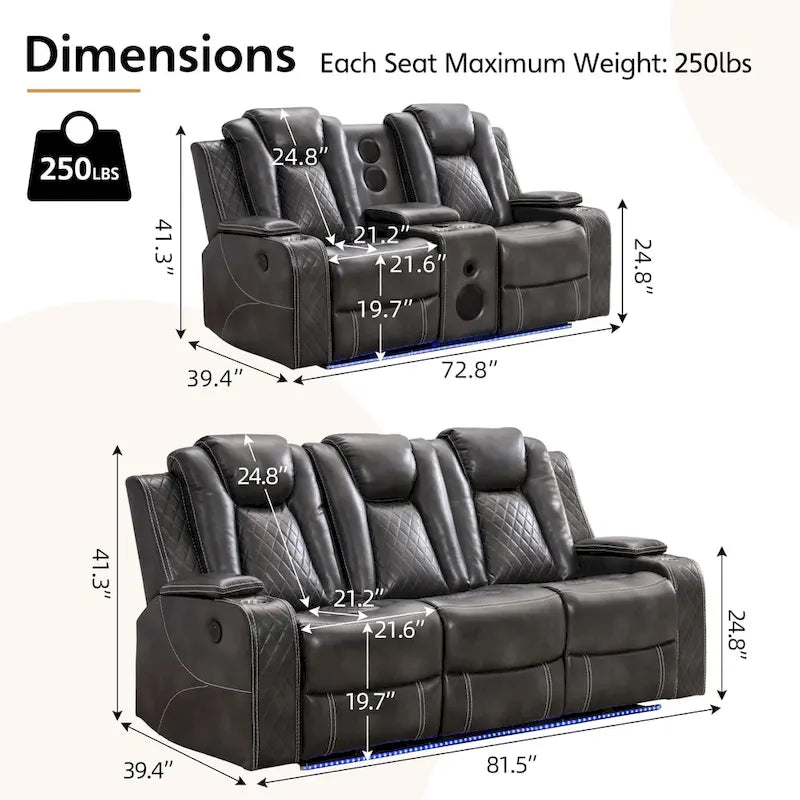 Elektrisches Relaxsofa mit kabellosem Ladegerät, Leselampe für das Wohnzimmer, Kunstleder-LED-Beleuchtung, AC/USB-Anschluss, Getränkehalter, Schwarz