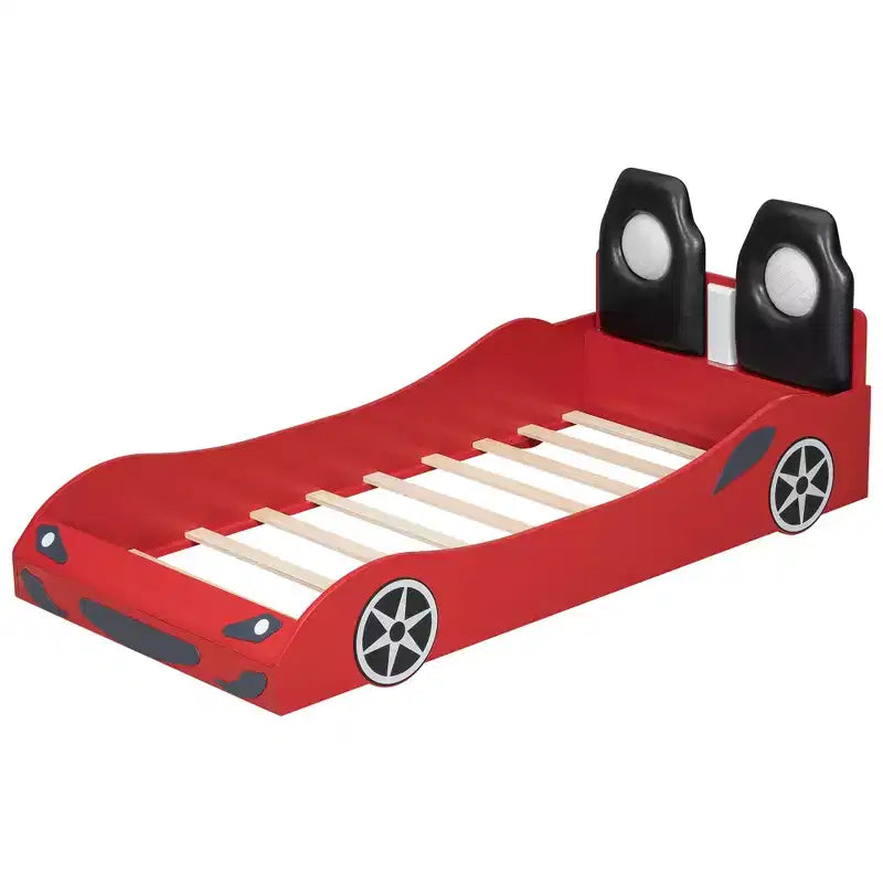 Whisen Wood Plattformbett in Rennwagen-Form, Twin-Größe, mit LED-Beleuchtung und gepolsterter Rückenlehne