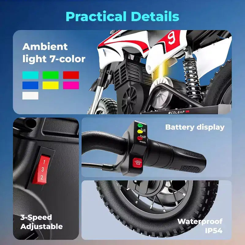 ECOLEAP K1 Elektro-Dirtbike für Kinder 36V, 25 km/h schnell, 22 km Reichweite, 700W Spitzenmotor, 3 Geschwindigkeitsmodi, 12 Zoll Offroad-Reifen, UL, Alter 3-10