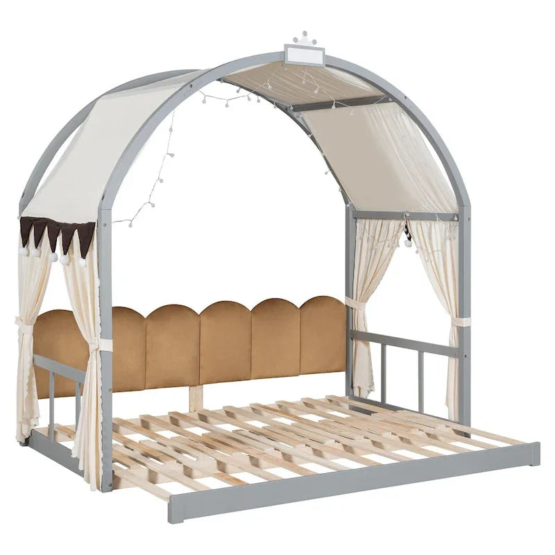 Massivholz-Spielhaus-Plattformbett, Montessori-Bettrahmen mit gewölbtem Dach und Ausziehbett für Mädchen und Jungen