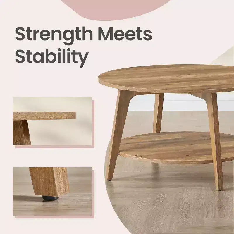 Honigbrauner runder Couchtisch mit 2 Ablageflächen, Maße 80 x 45 cm, ideal für das Wohnzimmer