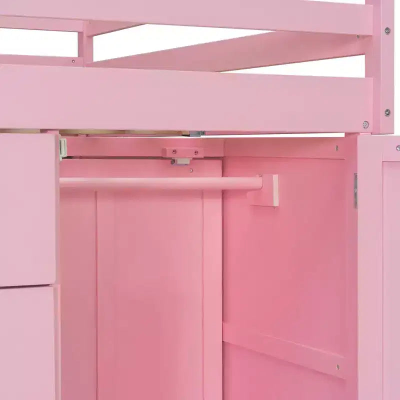Etagenbett „Full-over-Full“ mit Kleiderschrank und Schubladen, platzsparendes Etagenbett aus Holz in voller Größe mit Rausfallschutz für Apartment, Schlafzimmer