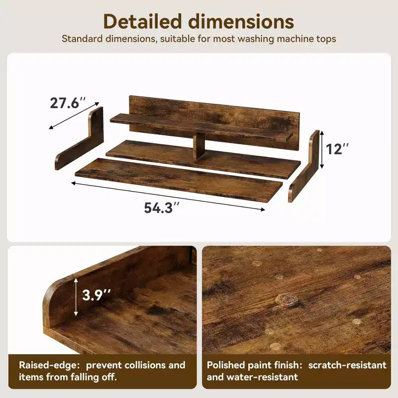 Aufsatz für Waschmaschine und Trockner aus Holz, 137 cm breite Arbeitsplatte für die Waschküche mit 2-stöckigem Ablageregal, rutschfeste Arbeitsfläche mit Schutzgittern für die Wäscheorganisation