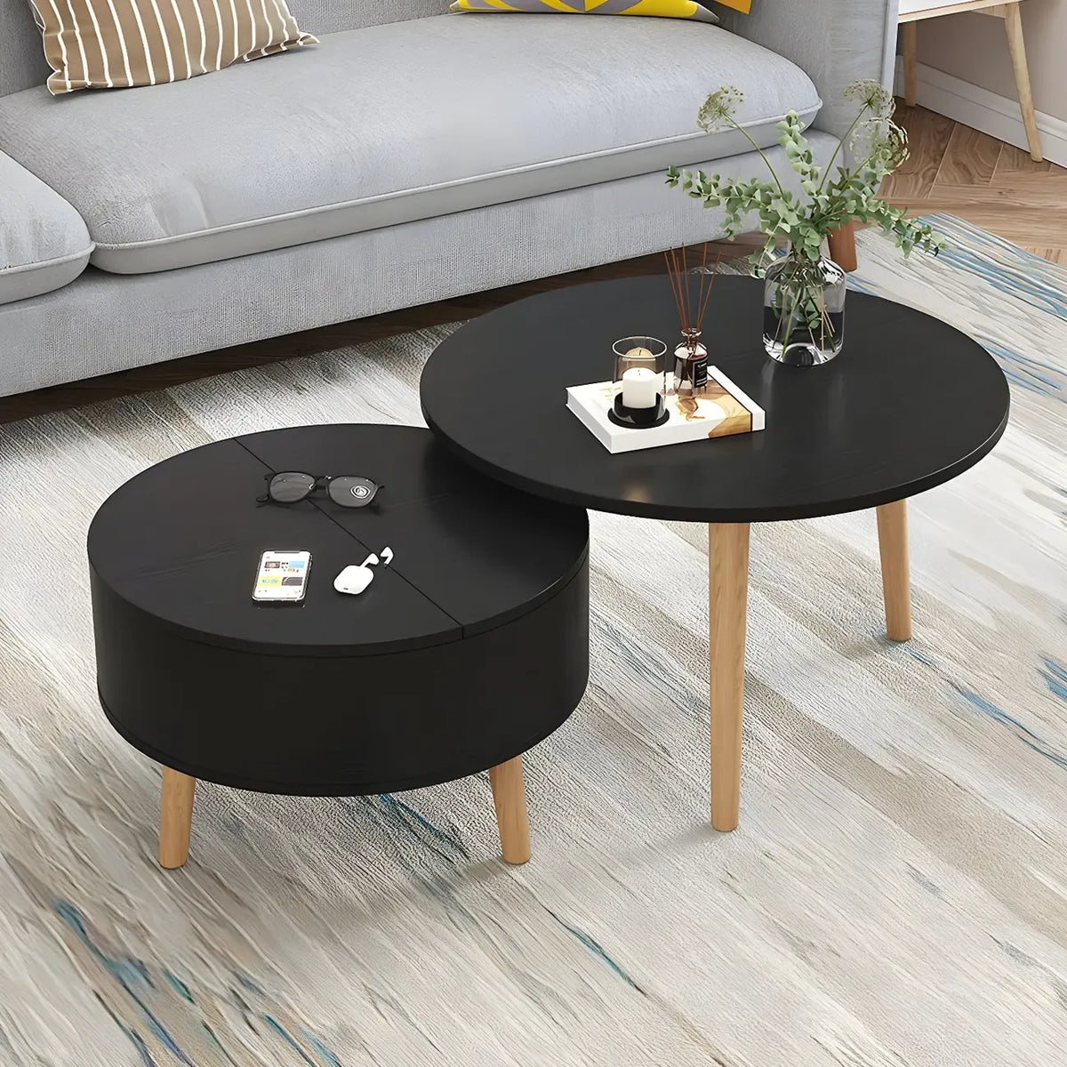 Schwarz Weiß Moderner Runder Couchtisch aus Holz mit Stauraum