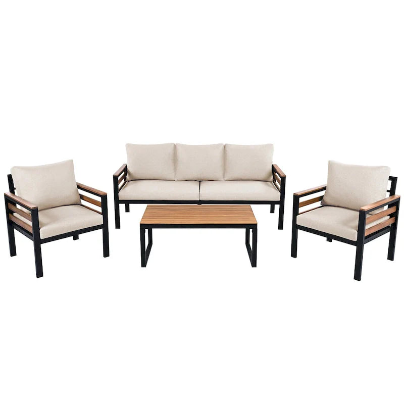 4-teiliges Outdoor-Sofa-Set für 5 Personen mit Couchtisch aus Massivholz und abnehmbaren Kissen