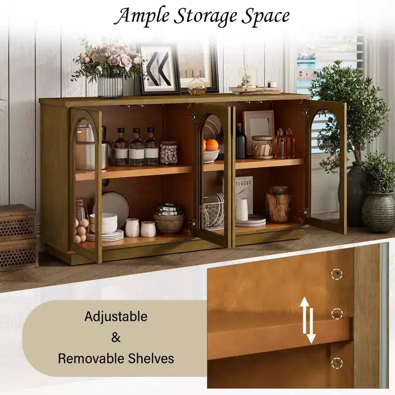 Großes 4-türiges Sideboard mit Glastüren, gewölbtes Sideboard mit verstellbaren Einlegeböden für die Küche