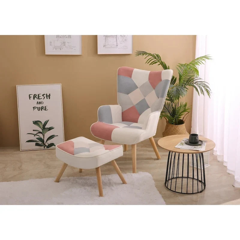 Akzentsessel mit Ottoman, Wohnzimmersessel und Ottomane Set, Bequemer Seitenlehnsessel für Schlafzimmer, Kreative Spleiß-Stoffoberfläche