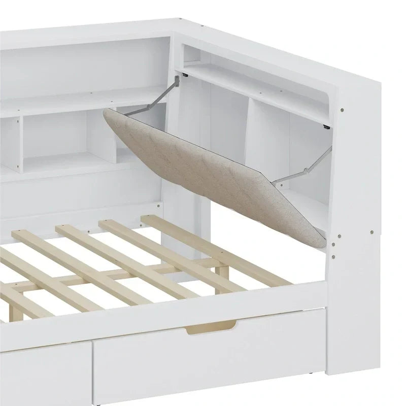L-förmiges Holzsofa-Tagesbett mit Schreibtisch, Bücherregal, Eckbett mit Schubladen unter dem Bett, gepolstertem Kopfteil und integrierter Beleuchtung