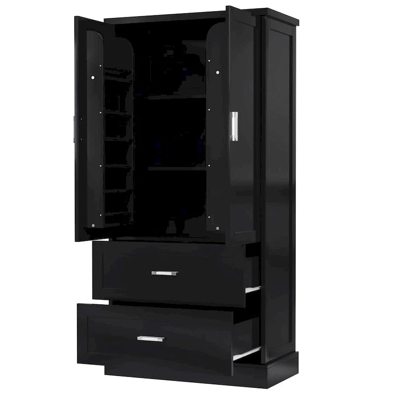 Hoher Badezimmerschrank, Schrank mit zwei Türen und Schubladen, verstellbarem Regal, MDF-Platte