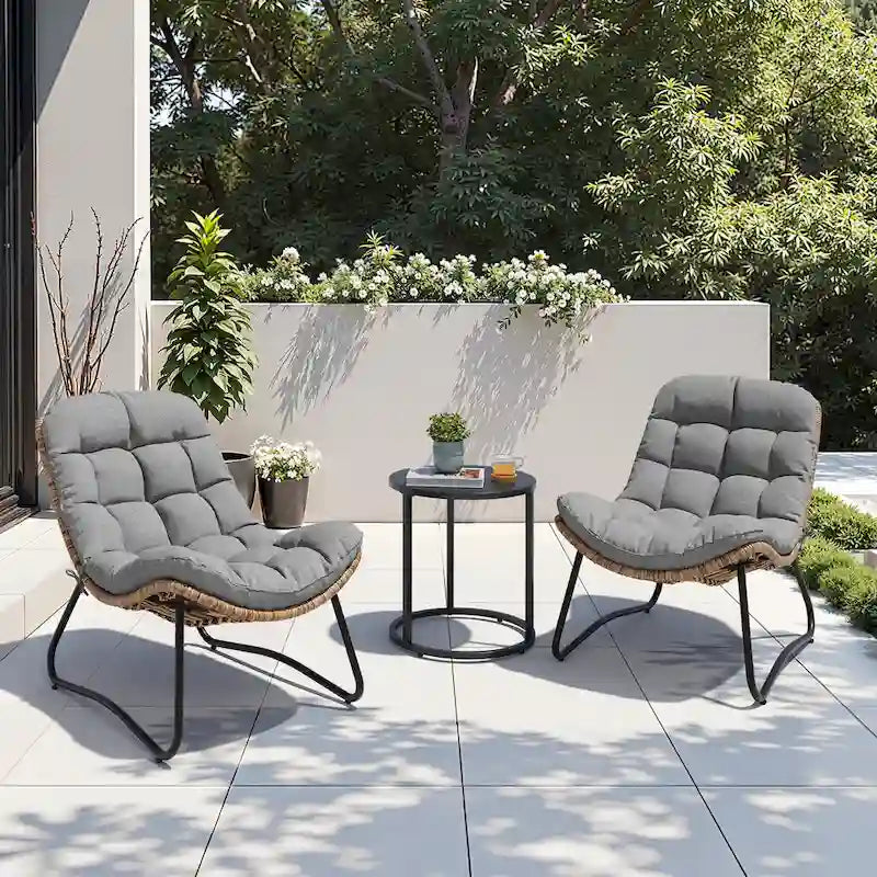 Outdoor-Papasan-Sessel mit Kissen, PE-Rattan-Gartenstühle mit Beistelltisch