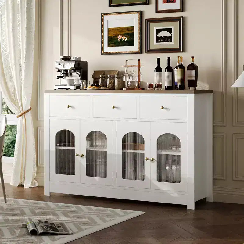 55 Zoll großer Vorratsschrank, schmales Buffet-Sideboard mit 3 Schubladen und 4 Türen für Küche, Esszimmer, Wohnzimmer