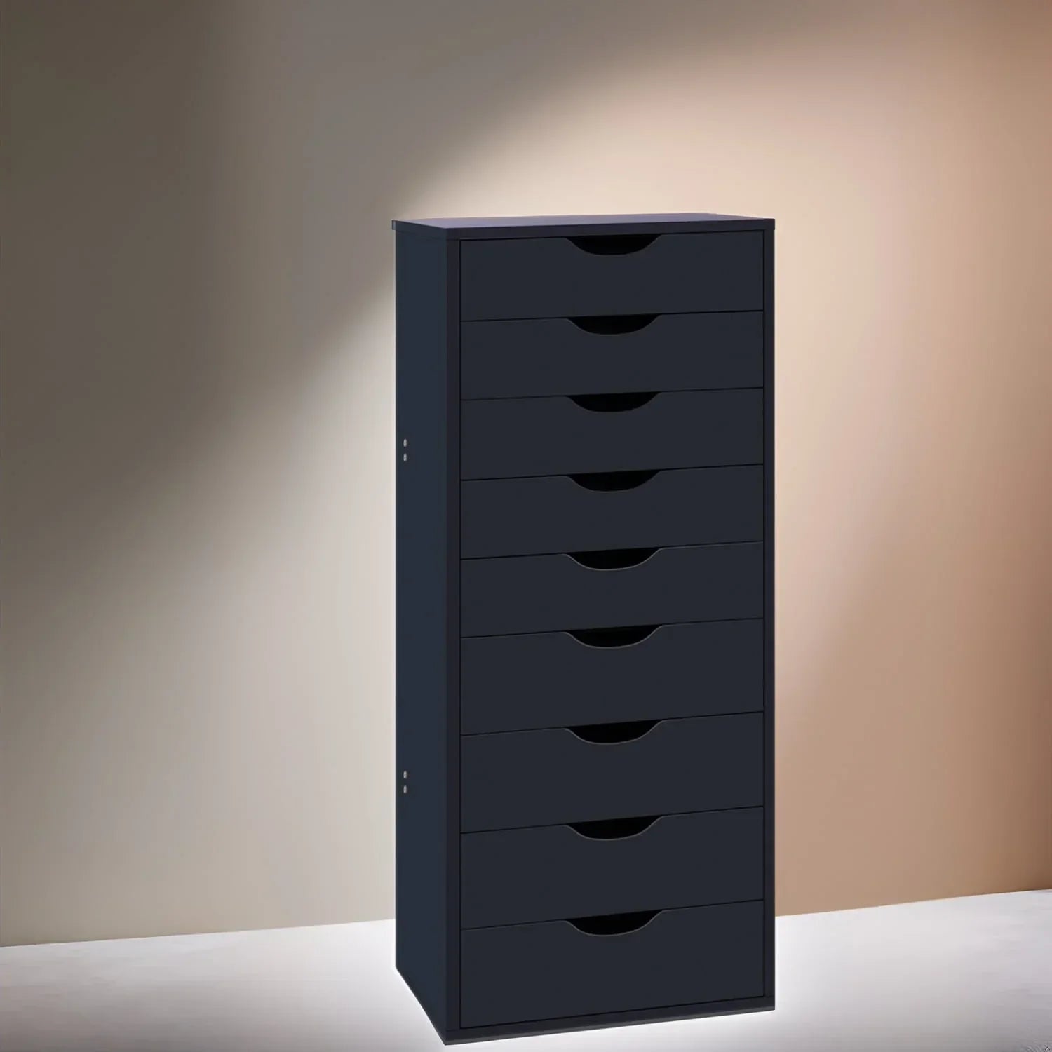 Schmaler Holzschrank mit 9 Schubladen, leichtgängigen Auszügen und Ablagefach oben