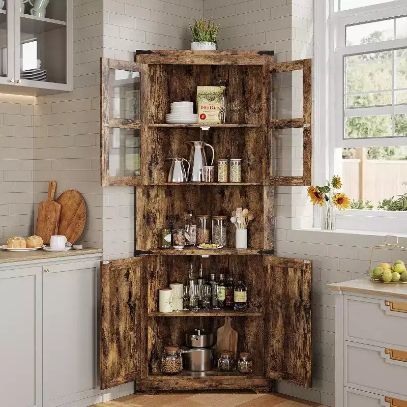 69" Hoher Eckschrank, Bauernhaus-Eckschrank, platzsparender Stauraum, Glastür, verstellbare Einlegeböden, für Wohnzimmer, Küche