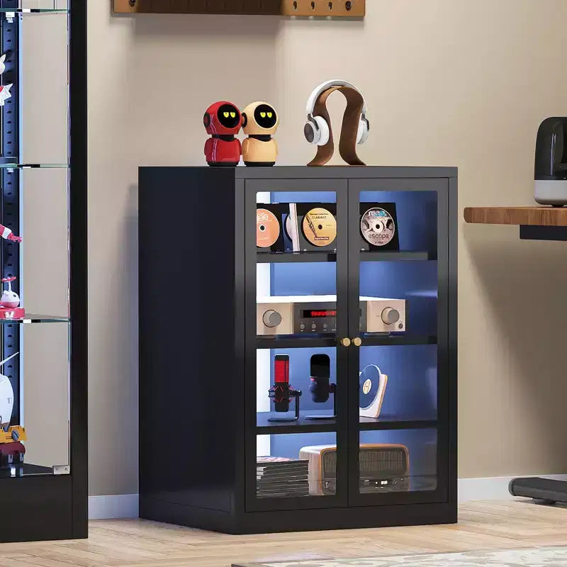 Bekrvio Metall-Mediaschrank, 4-stöckiger Stereoschrank mit Glastüren und verstellbaren Einlegeböden, Audio-AV-Rack mit Kabelmanagement