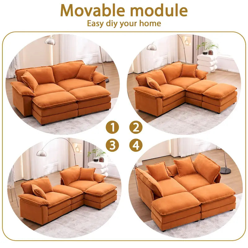 2-Sitzer-Sofa mit 2 Kissen, 2 Polstern und 2 Hockern, bequemes Sofa – Tiefes Wohnzimmersofa, Modulsofa