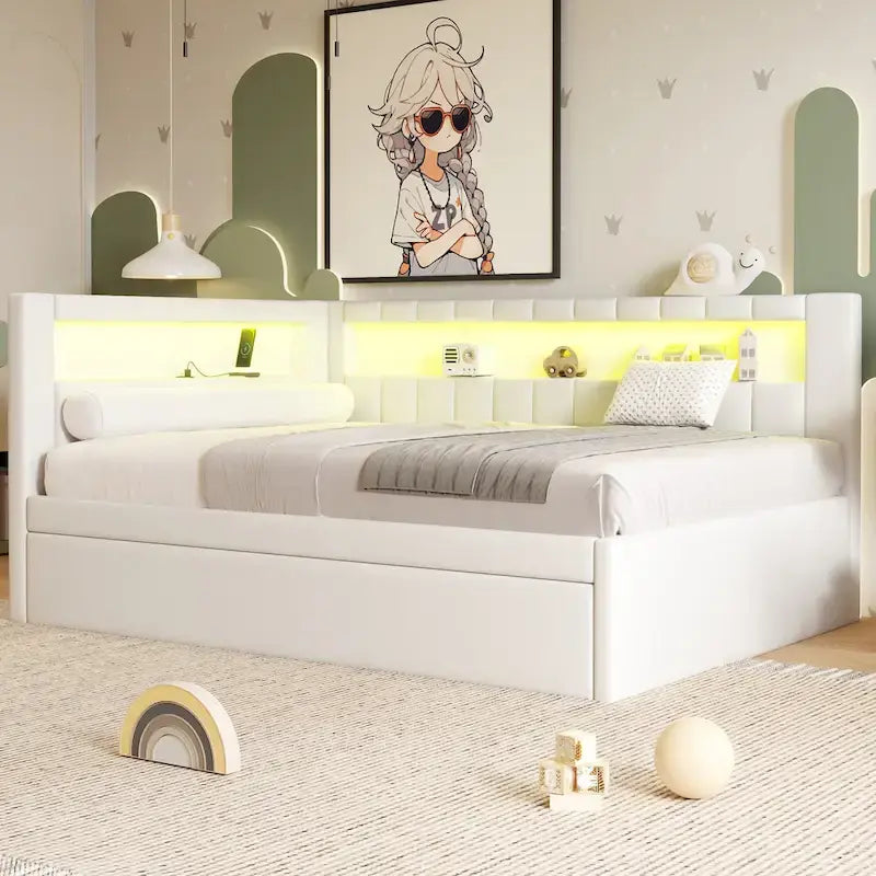 Gepolstertes Plattformbett mit USB-Anschlüssen & LED-Beleuchtung – Einzel-/Doppelbettgestell mit 2 Schubladen – Modernes Schlafzimmer