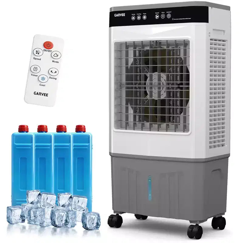 Luftkühler Verdunstungskühler mit Wassertank, 4 Kühlakkus, 3 Geschwindigkeiten, 120° Oszillation, Fernbedienung und 12-Stunden-Timer, 150W tragbarer Standklimaanlage